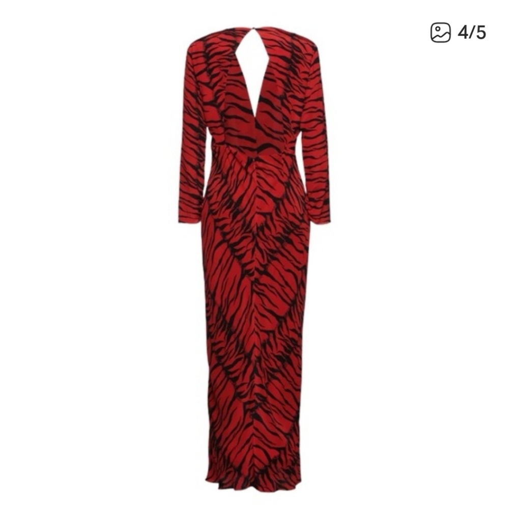 RRP $580 RIXO Silk Flare Dress Size XL Red Striped Open Back Ruffle Gathered